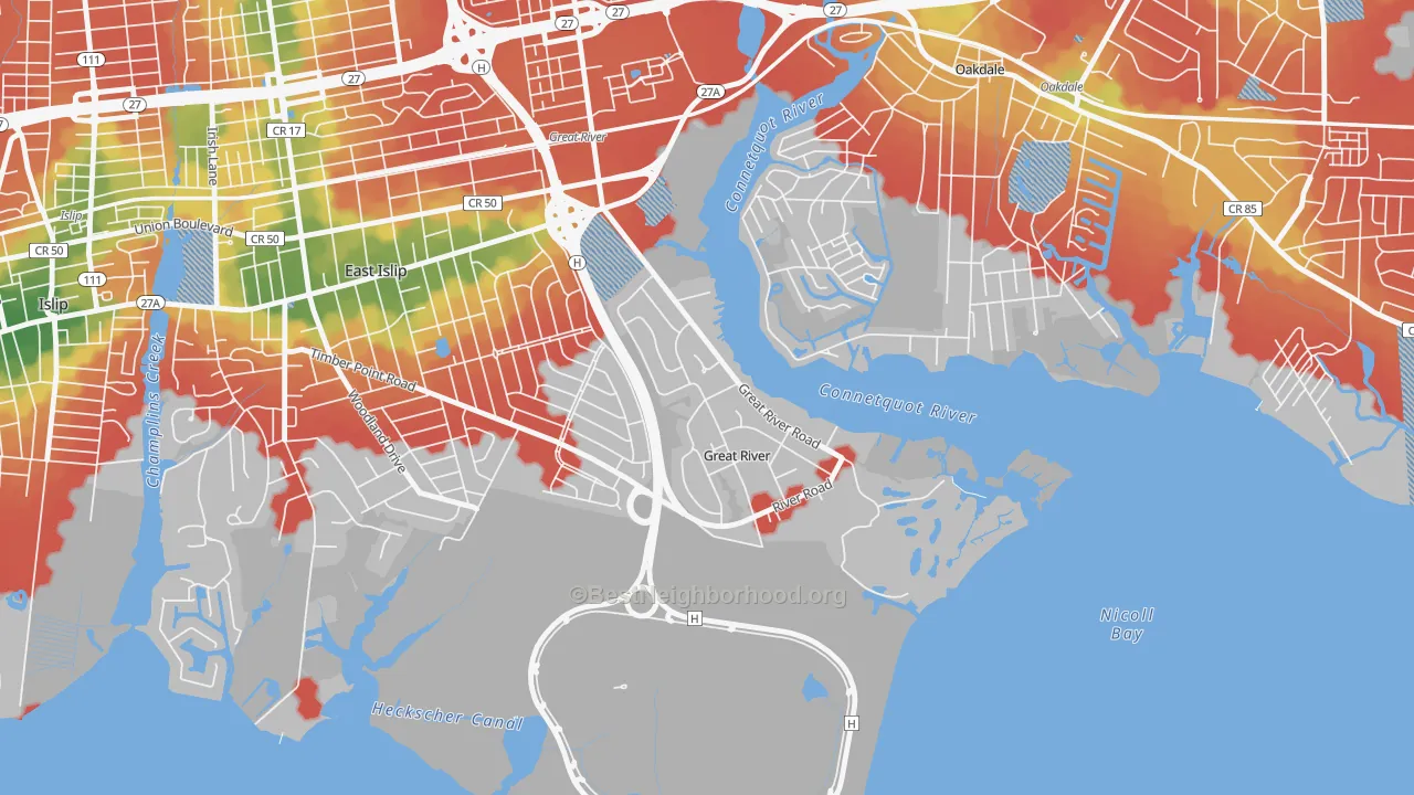 Walk Grade map of 11739, NY, walkable areas in green and car-dependent areas in red