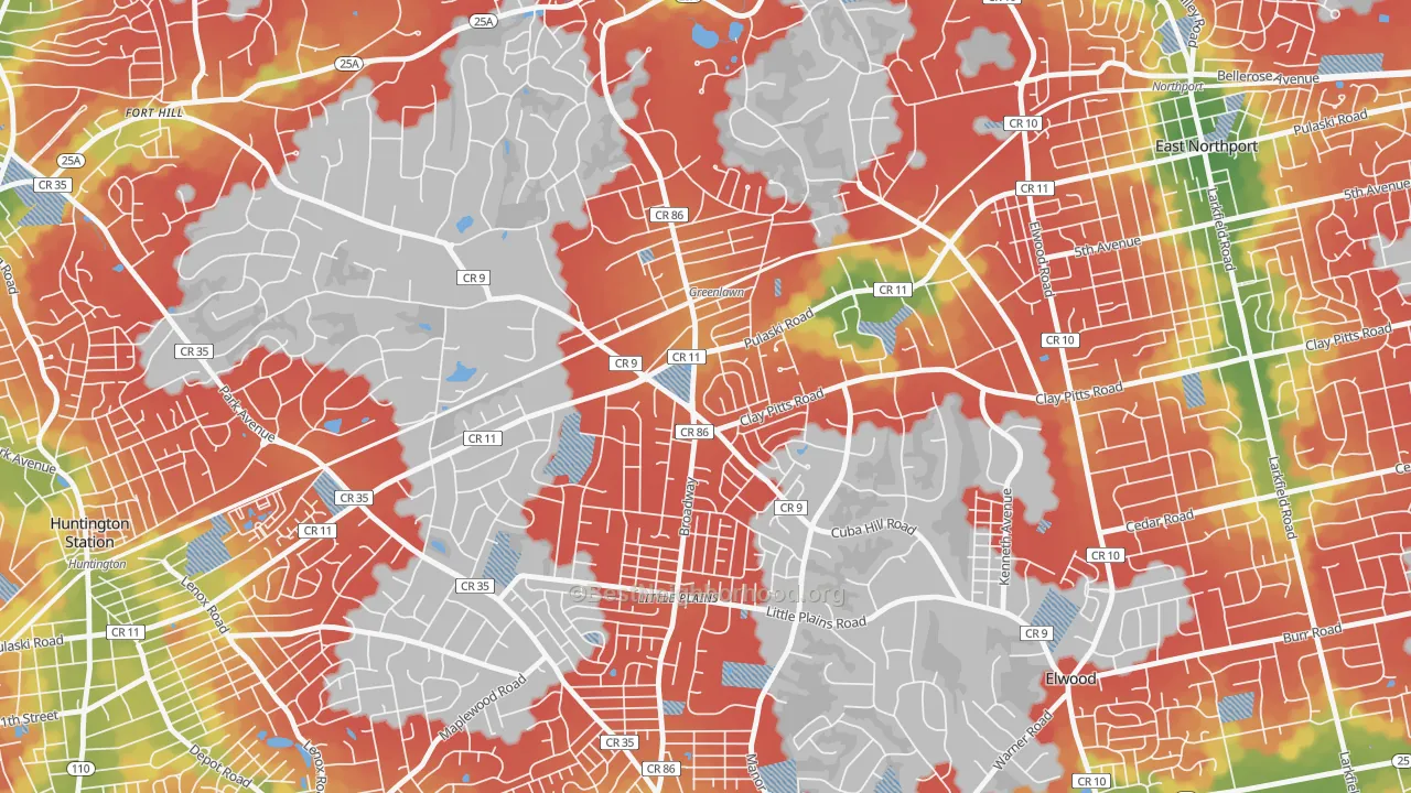 Walk Grade map of 11740, NY, walkable areas in green and car-dependent areas in red