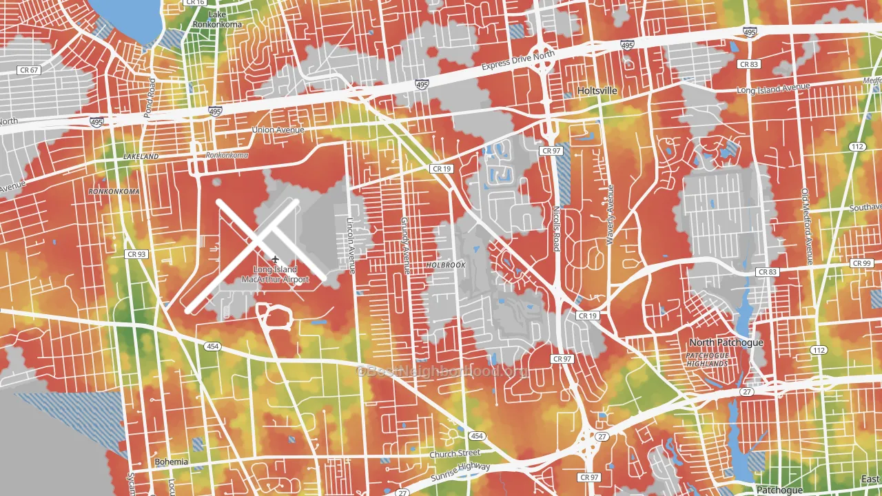 Walk Grade map of 11741, NY, walkable areas in green and car-dependent areas in red