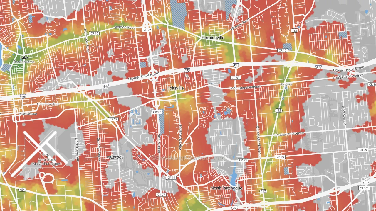 Walk Grade map of 11742, NY, walkable areas in green and car-dependent areas in red