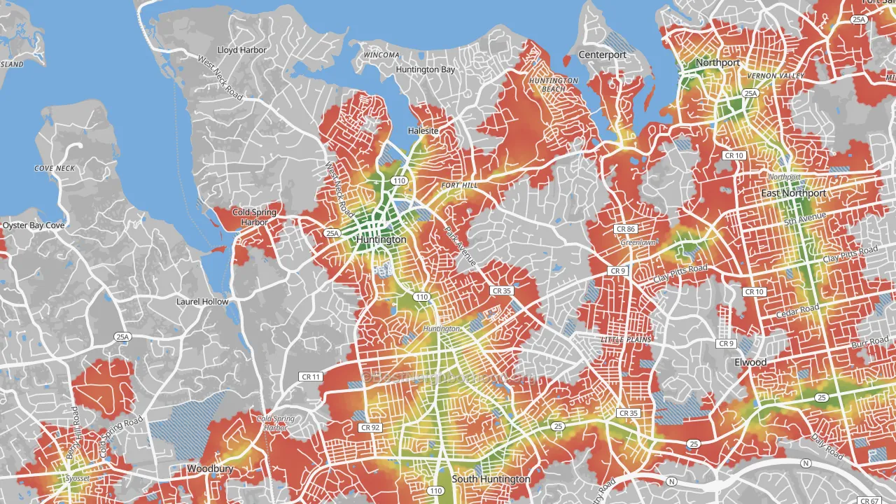Walk Grade map of 11743, NY, walkable areas in green and car-dependent areas in red