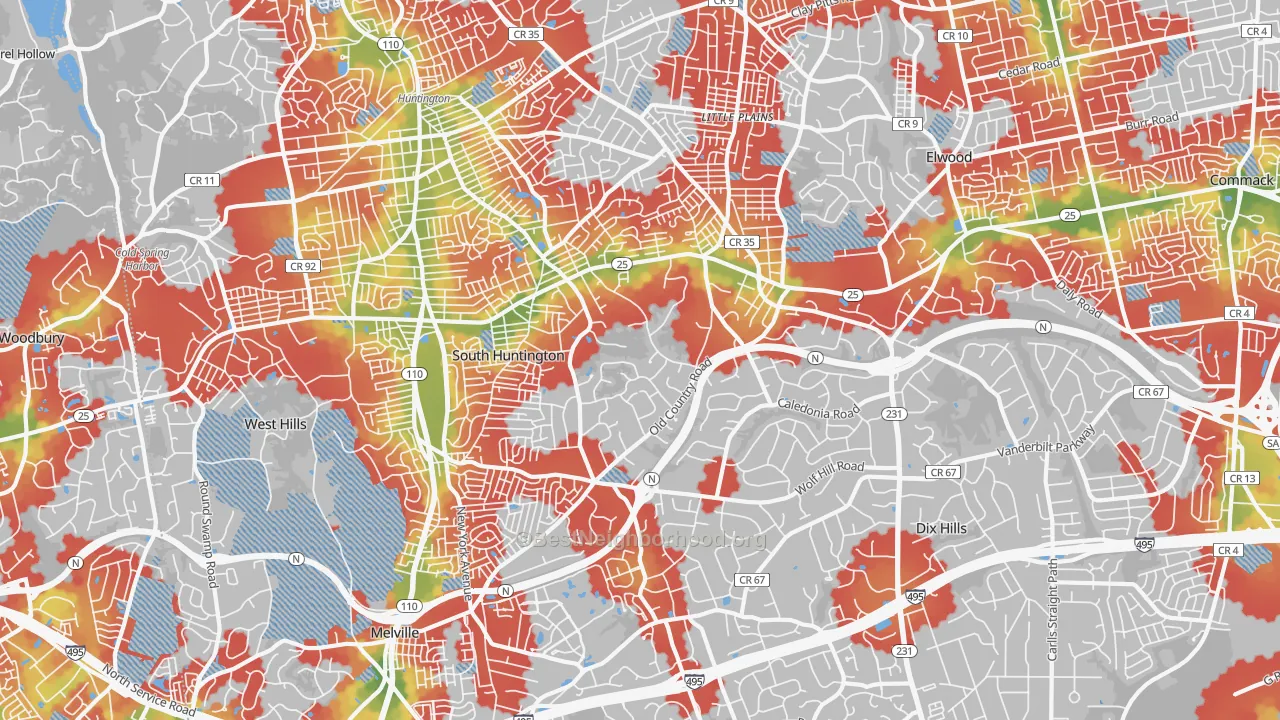 Walk Grade map of 11746, NY, walkable areas in green and car-dependent areas in red