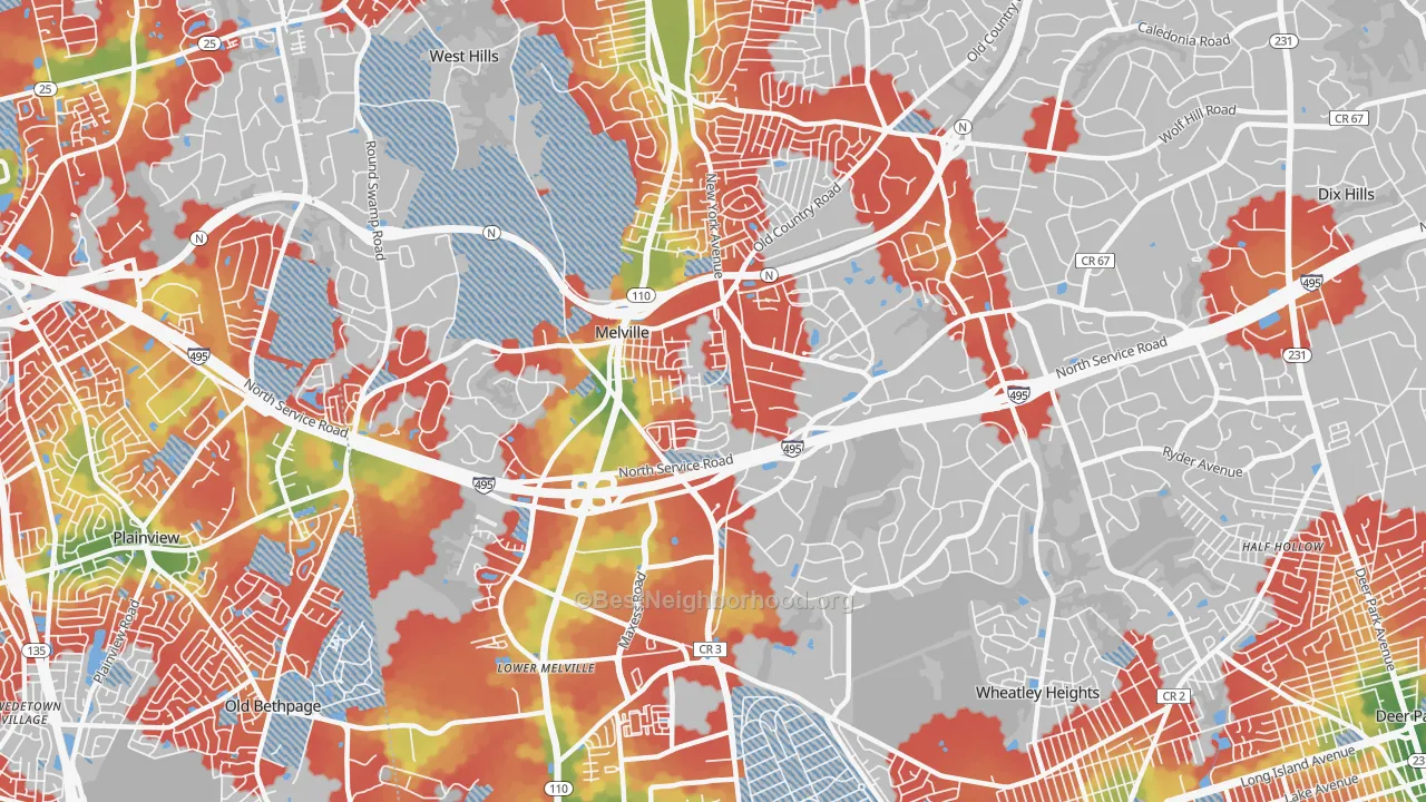 Walk Grade map of 11747, NY, walkable areas in green and car-dependent areas in red