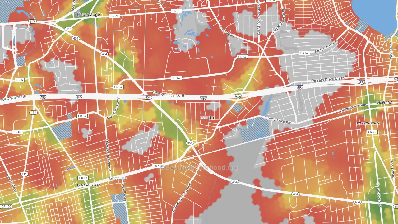 Walk Grade map of 11749, NY, walkable areas in green and car-dependent areas in red
