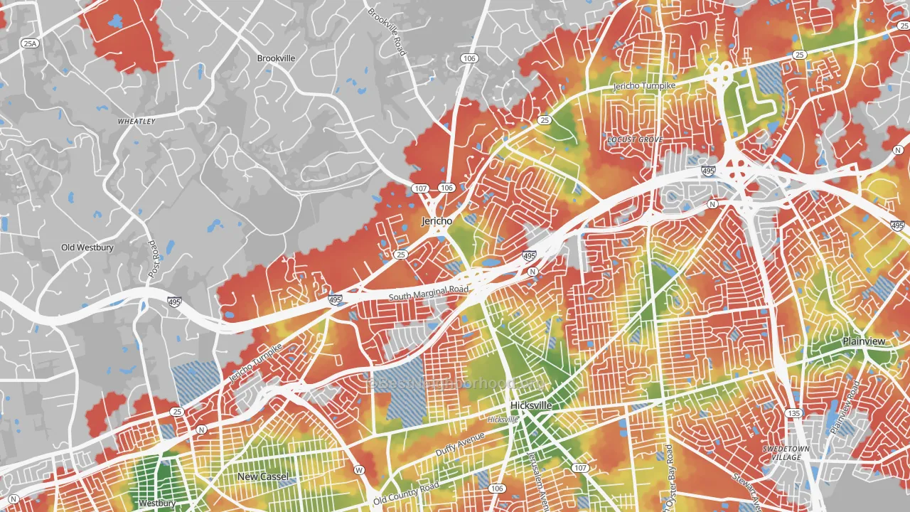 Walk Grade map of 11753, NY, walkable areas in green and car-dependent areas in red