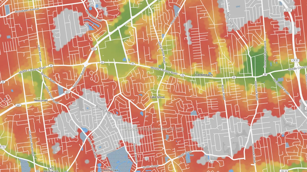 Walk Grade map of 11755, NY, walkable areas in green and car-dependent areas in red