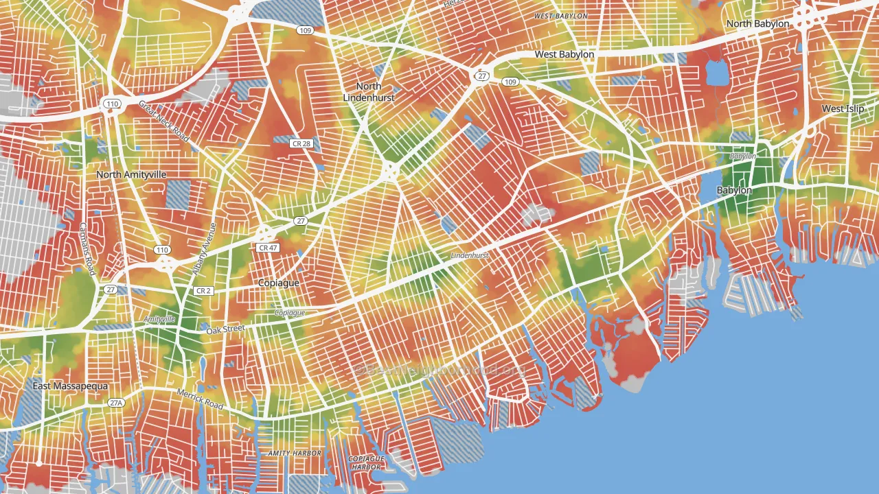 Walk Grade map of 11757, NY, walkable areas in green and car-dependent areas in red