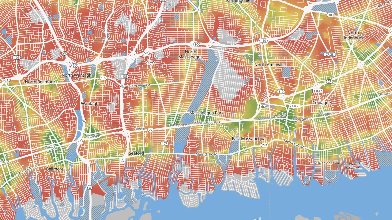Walk Grade map of 11758, NY, walkable areas in green and car-dependent areas in red