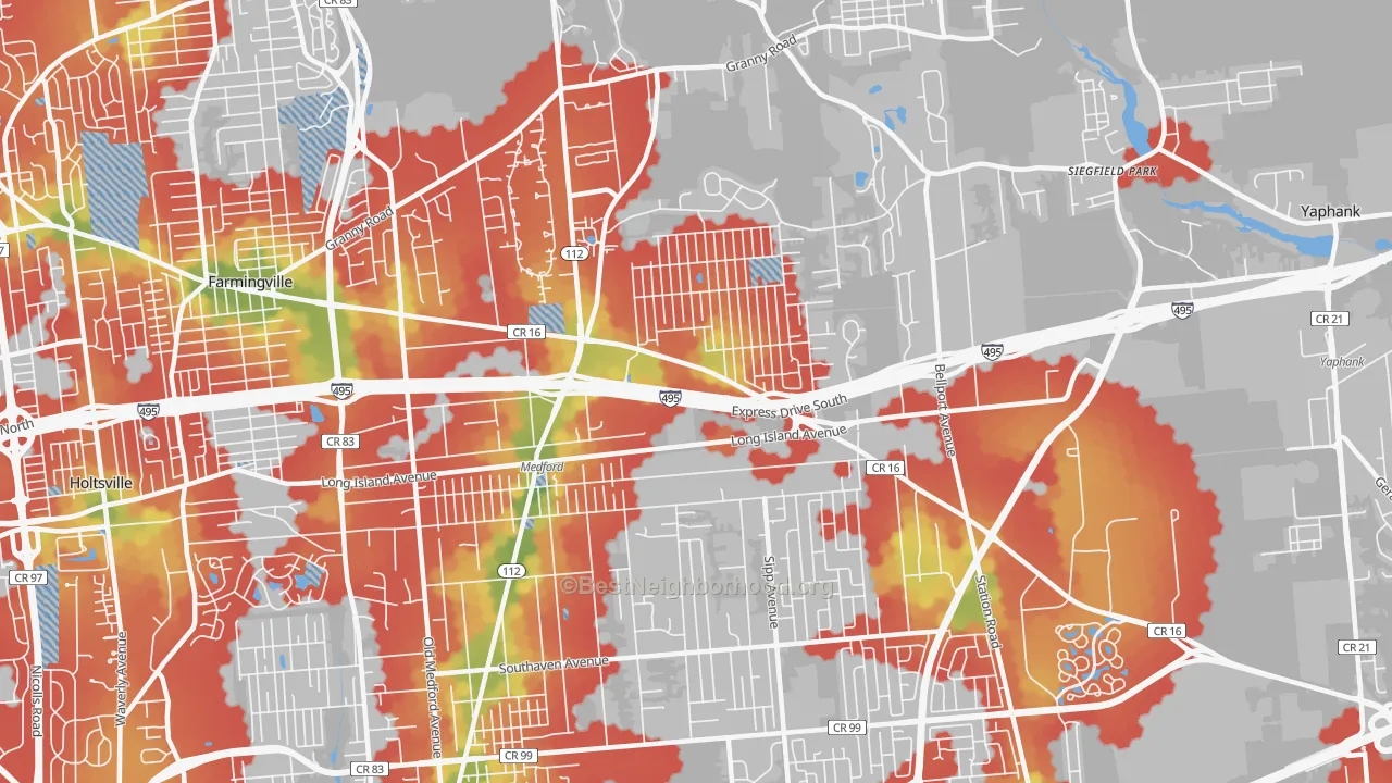 Walk Grade map of 11763, NY, walkable areas in green and car-dependent areas in red