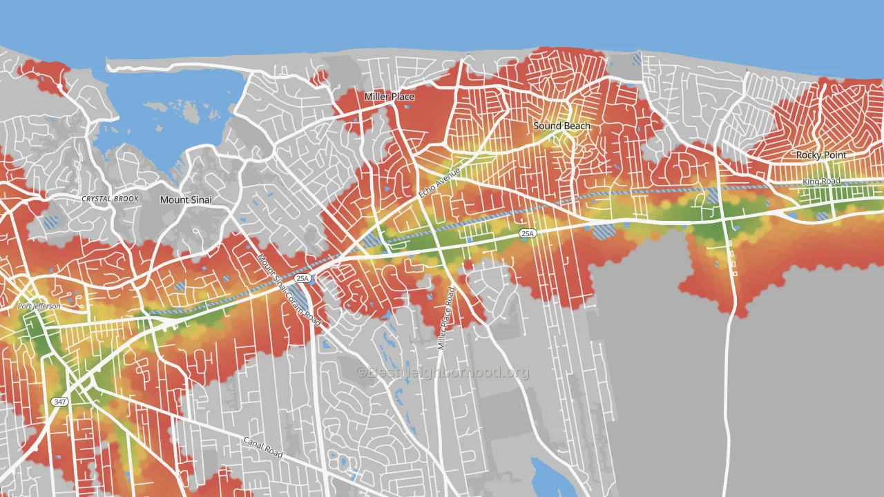 Walk Grade map of 11764, NY, walkable areas in green and car-dependent areas in red