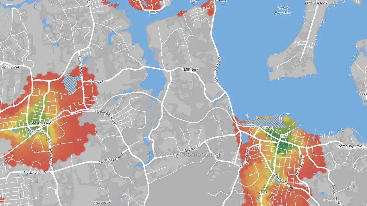 Walk Grade map of 11765, NY, walkable areas in green and car-dependent areas in red