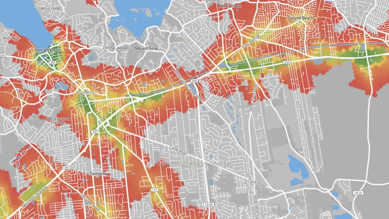 Walk Grade map of 11766, NY, walkable areas in green and car-dependent areas in red