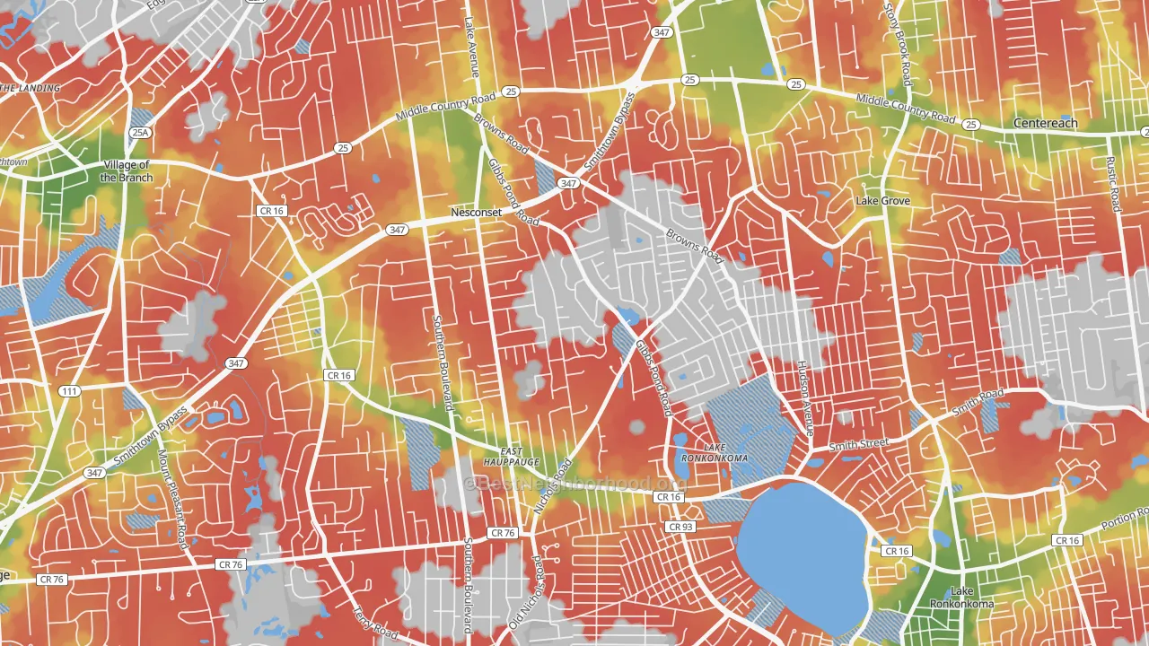 Walk Grade map of 11767, NY, walkable areas in green and car-dependent areas in red