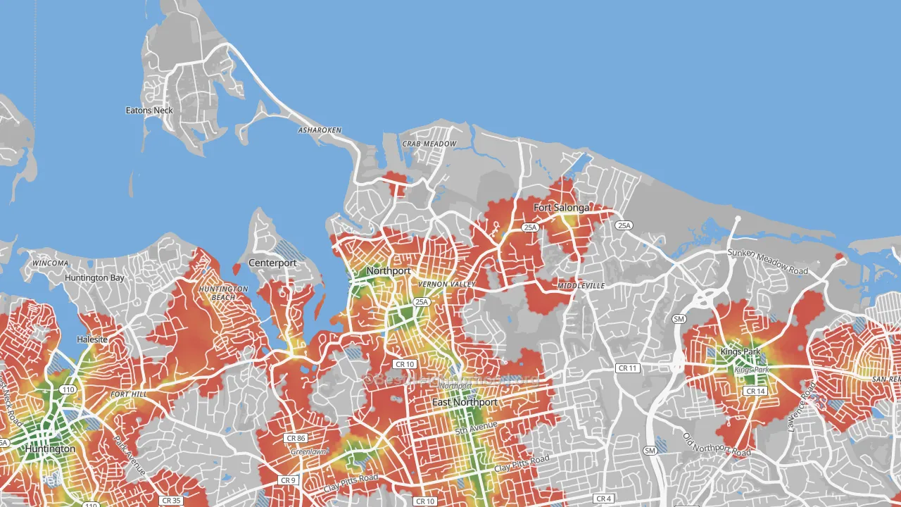 Walk Grade map of 11768, NY, walkable areas in green and car-dependent areas in red