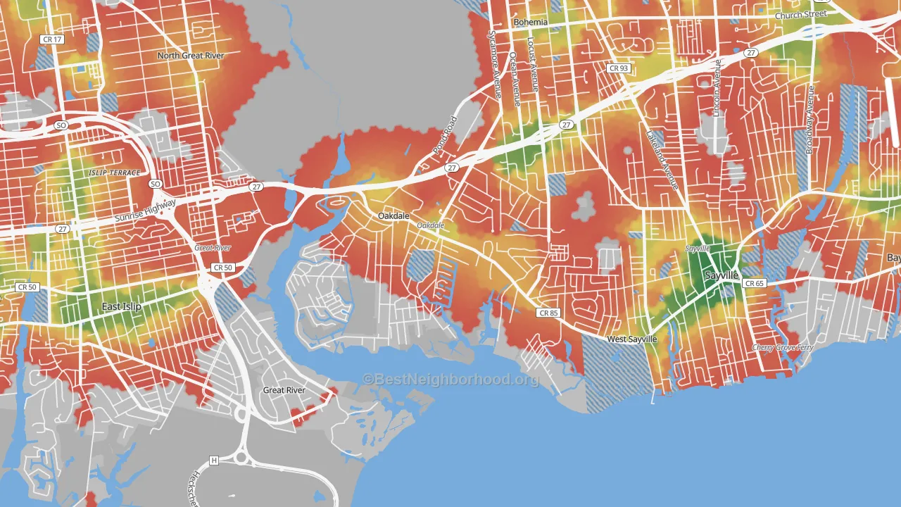 Walk Grade map of 11769, NY, walkable areas in green and car-dependent areas in red