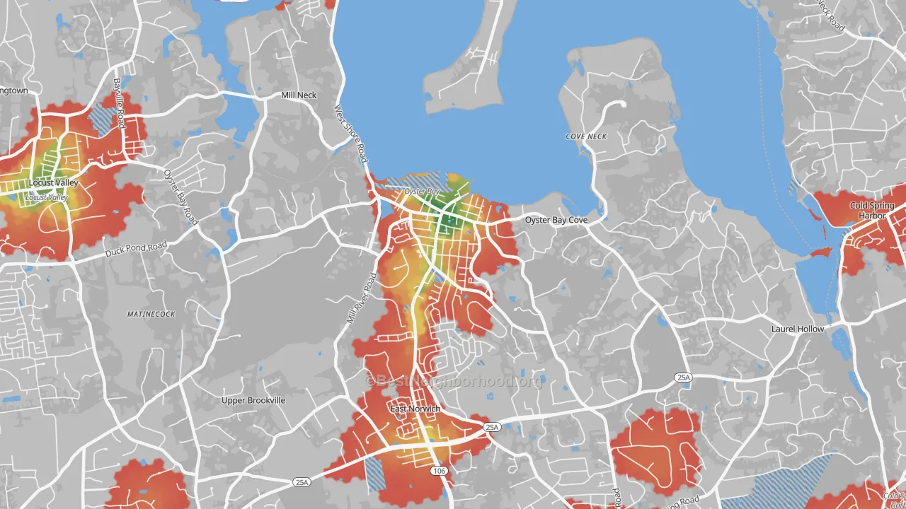 Walk Grade map of 11771, NY, walkable areas in green and car-dependent areas in red