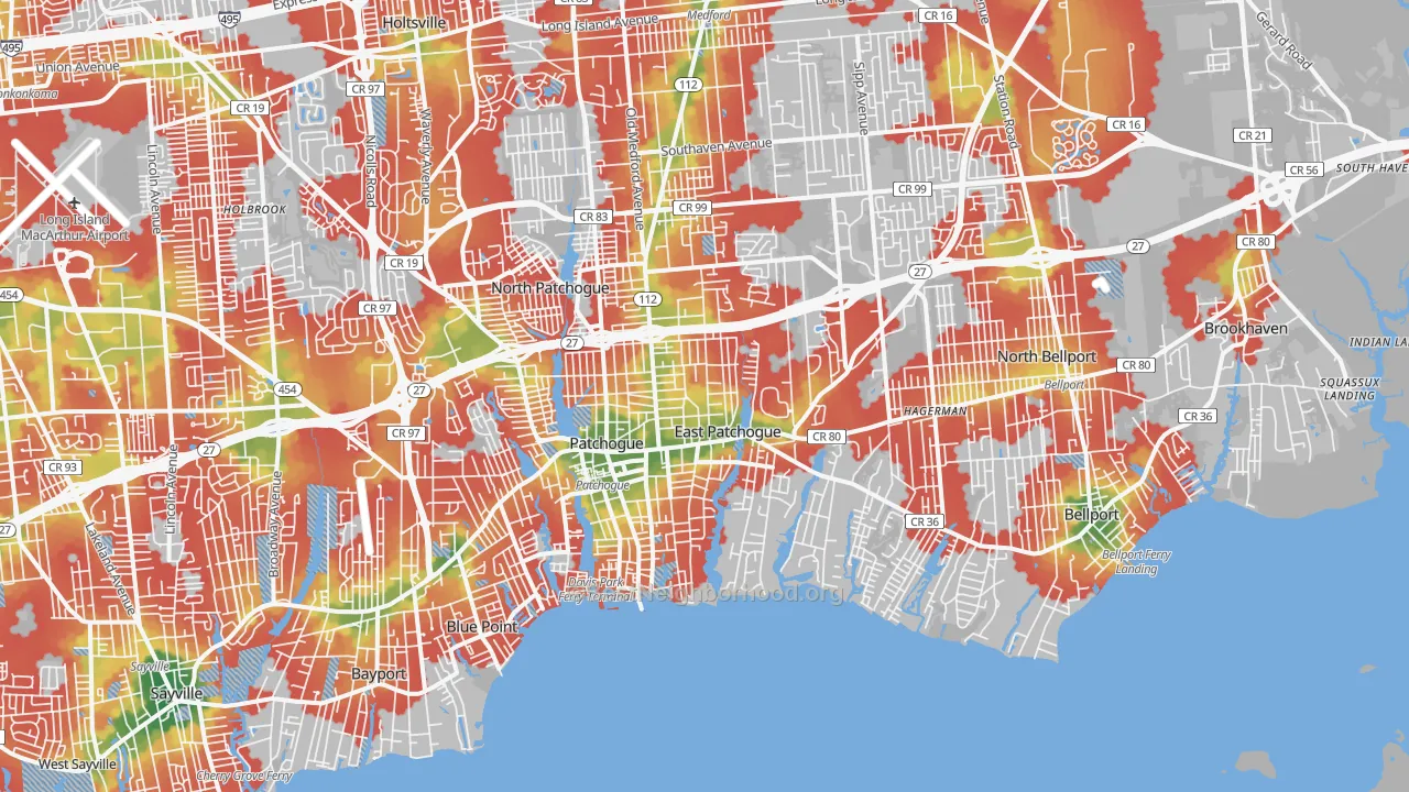 Walk Grade map of 11772, NY, walkable areas in green and car-dependent areas in red