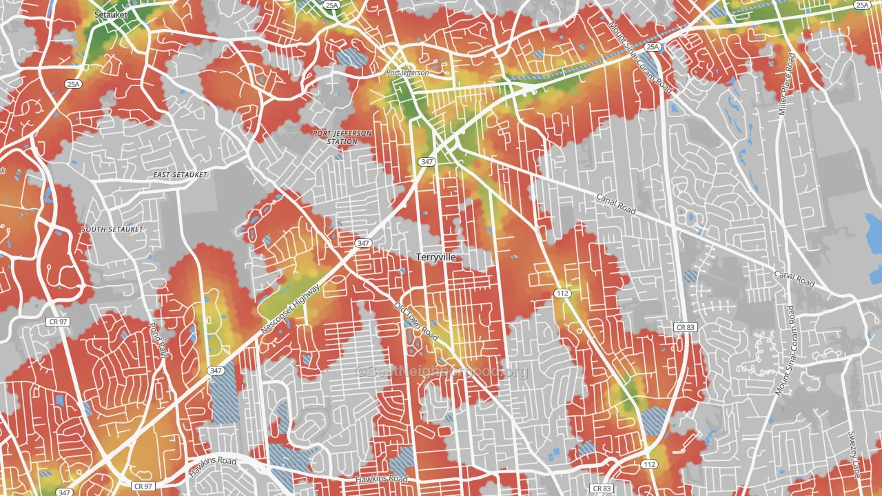 Walk Grade map of 11776, NY, walkable areas in green and car-dependent areas in red