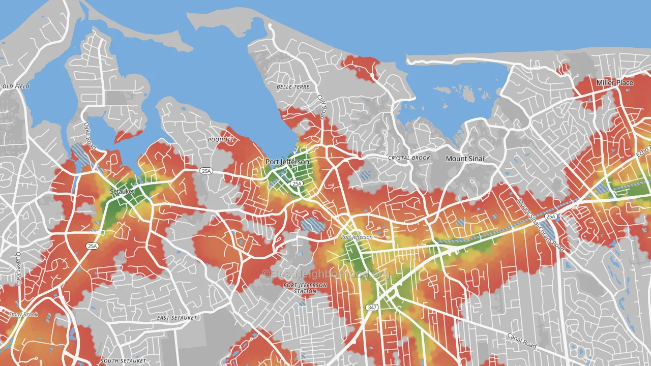Walk Grade map of 11777, NY, walkable areas in green and car-dependent areas in red