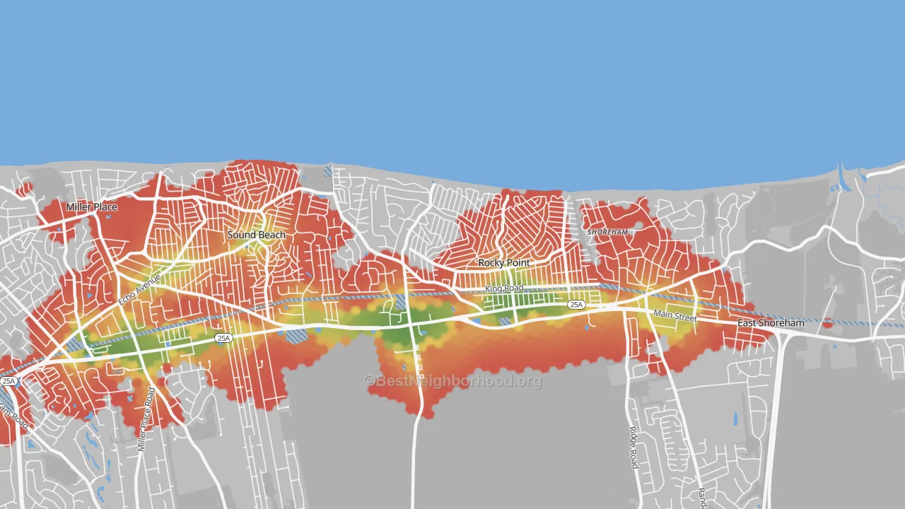 Walk Grade map of 11778, NY, walkable areas in green and car-dependent areas in red