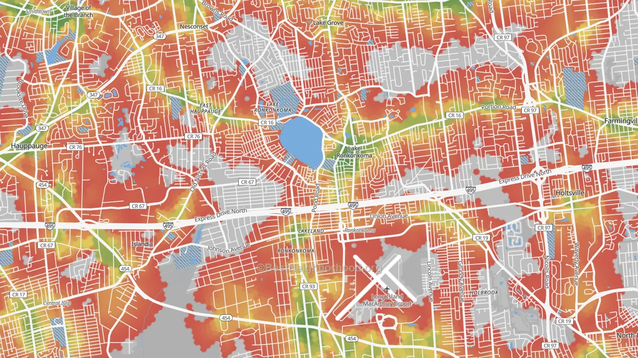Walk Grade map of 11779, NY, walkable areas in green and car-dependent areas in red