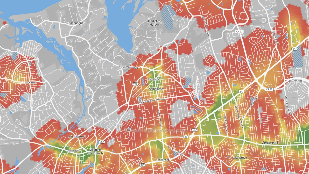 Walk Grade map of 11780, NY, walkable areas in green and car-dependent areas in red
