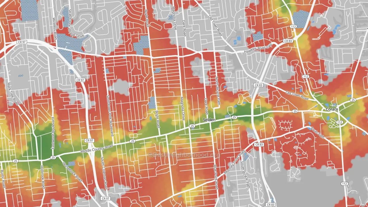 Walk Grade map of 11784, NY, walkable areas in green and car-dependent areas in red