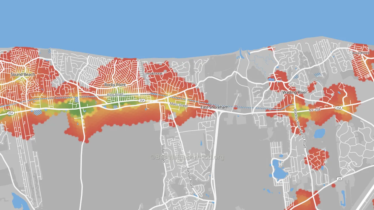Walk Grade map of 11786, NY, walkable areas in green and car-dependent areas in red