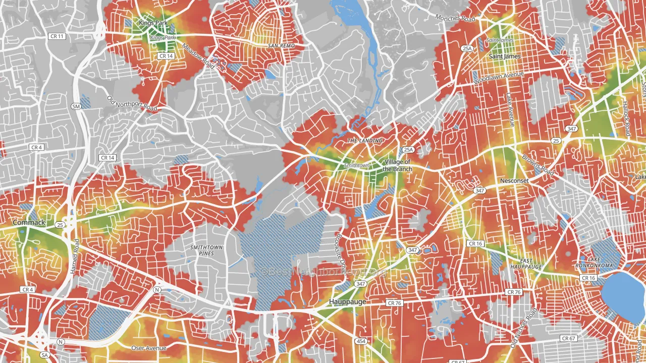 Walk Grade map of 11787, NY, walkable areas in green and car-dependent areas in red