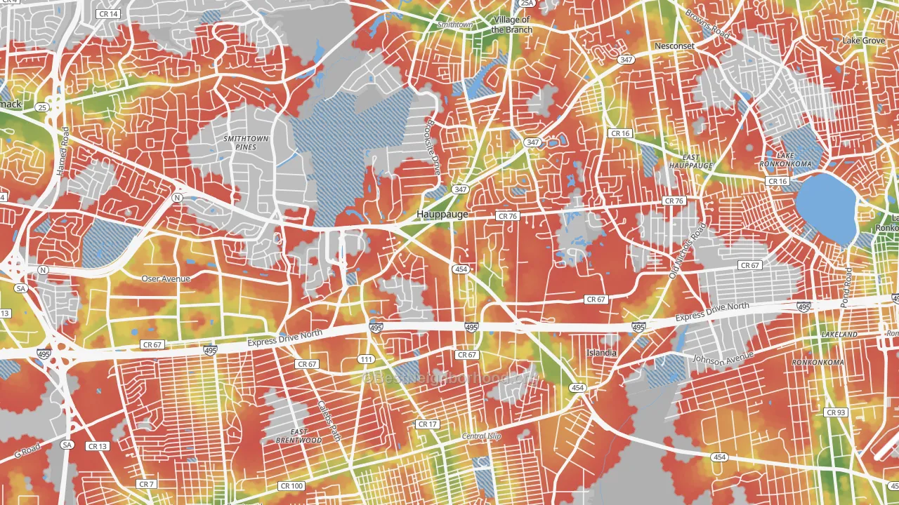 Walk Grade map of 11788, NY, walkable areas in green and car-dependent areas in red