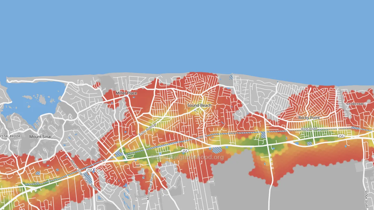 Walk Grade map of 11789, NY, walkable areas in green and car-dependent areas in red