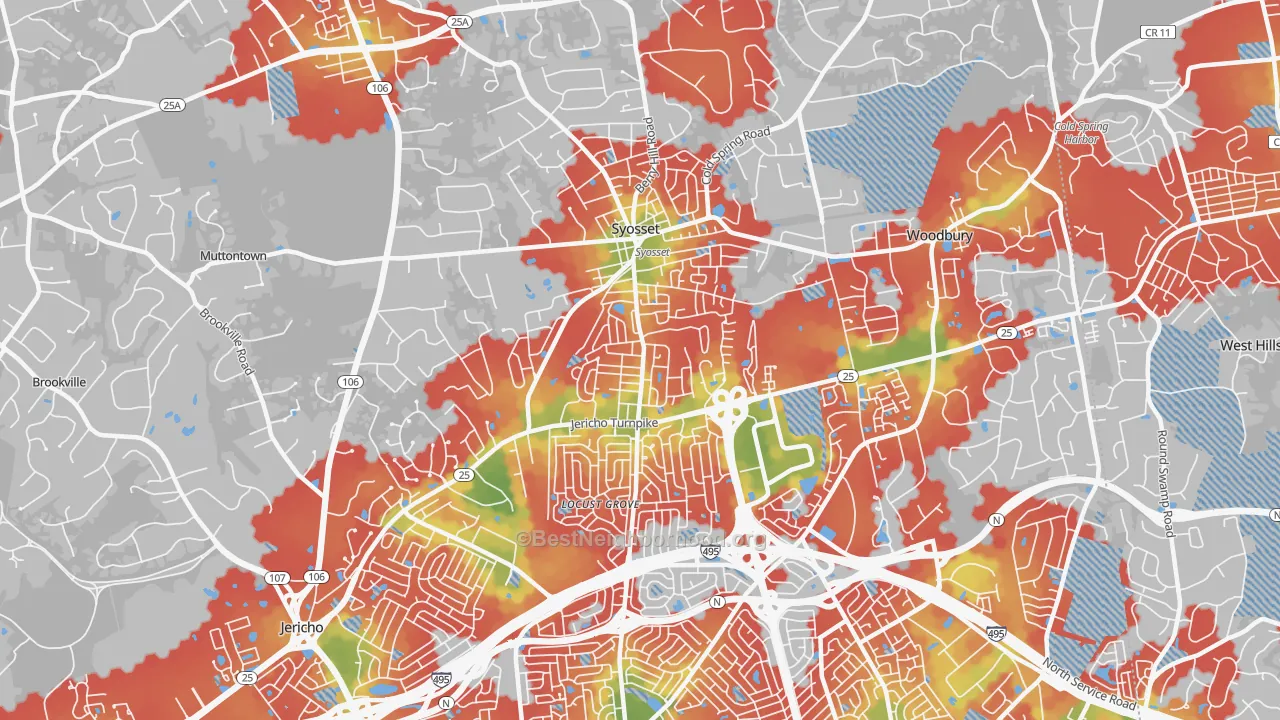 Walk Grade map of 11791, NY, walkable areas in green and car-dependent areas in red