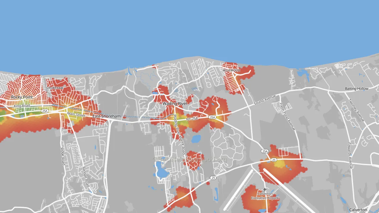 Walk Grade map of 11792, NY, walkable areas in green and car-dependent areas in red