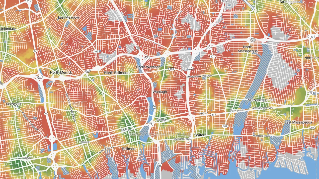 Walk Grade map of 11793, NY, walkable areas in green and car-dependent areas in red