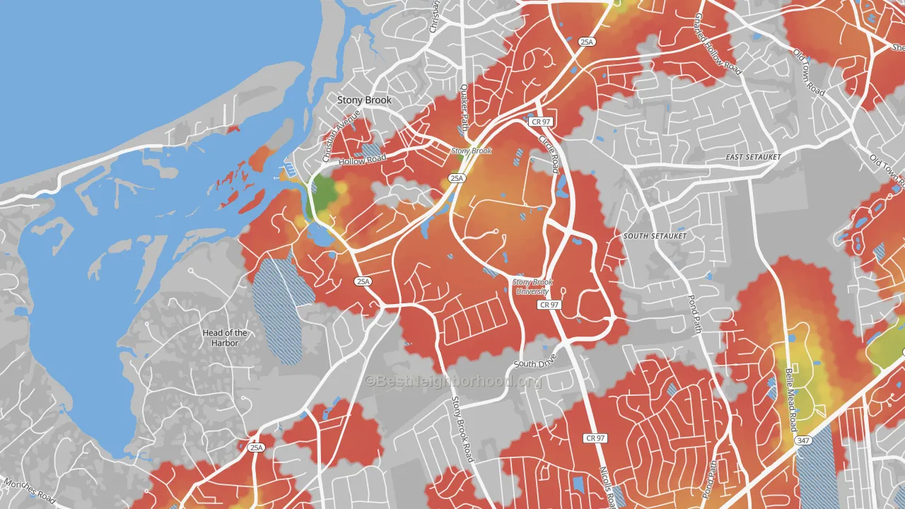 Walk Grade map of 11794, NY, walkable areas in green and car-dependent areas in red