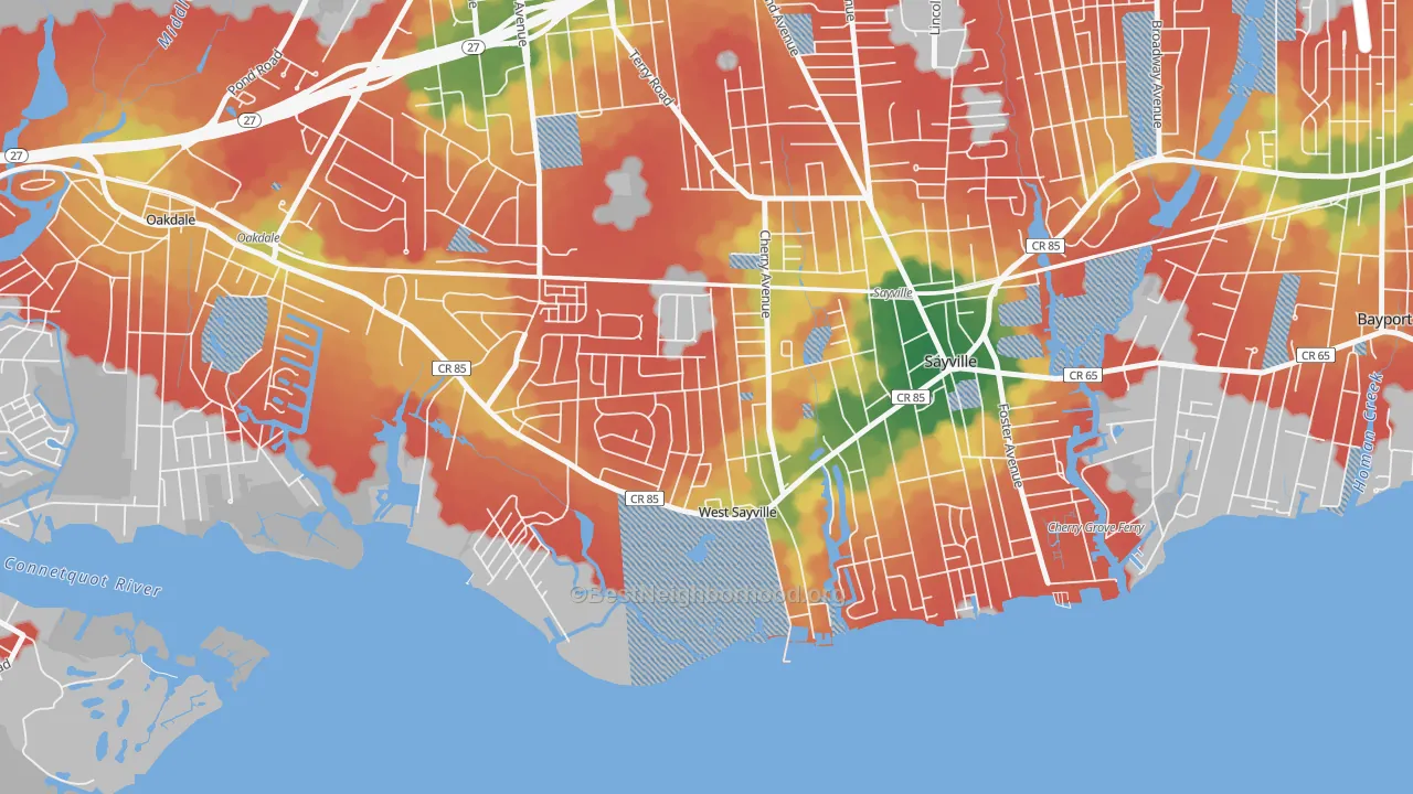 Walk Grade map of 11796, NY, walkable areas in green and car-dependent areas in red