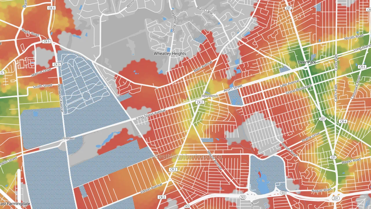 Walk Grade map of 11798, NY, walkable areas in green and car-dependent areas in red