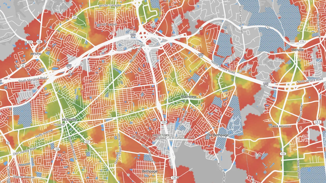 Walk Grade map of 11803, NY, walkable areas in green and car-dependent areas in red