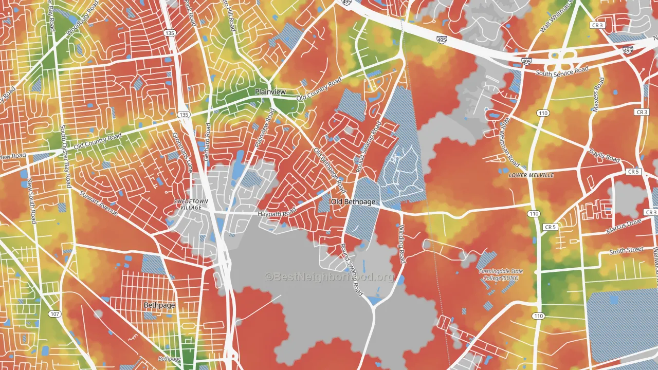 Walk Grade map of 11804, NY, walkable areas in green and car-dependent areas in red