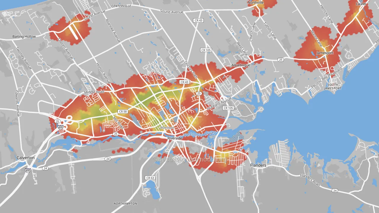 Walk Grade map of 11901, NY, walkable areas in green and car-dependent areas in red