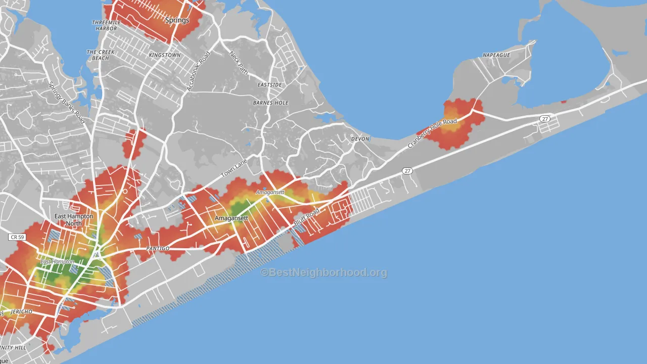 Walk Grade map of 11930, NY, walkable areas in green and car-dependent areas in red