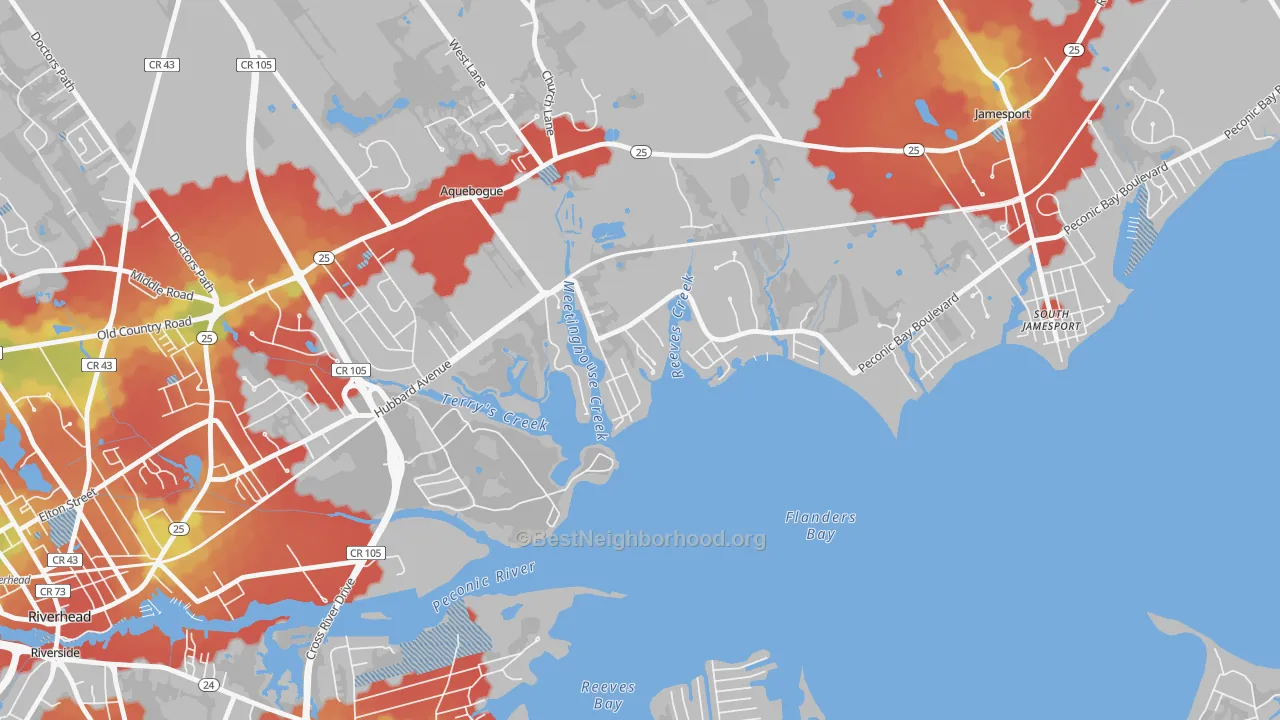 Walk Grade map of 11931, NY, walkable areas in green and car-dependent areas in red
