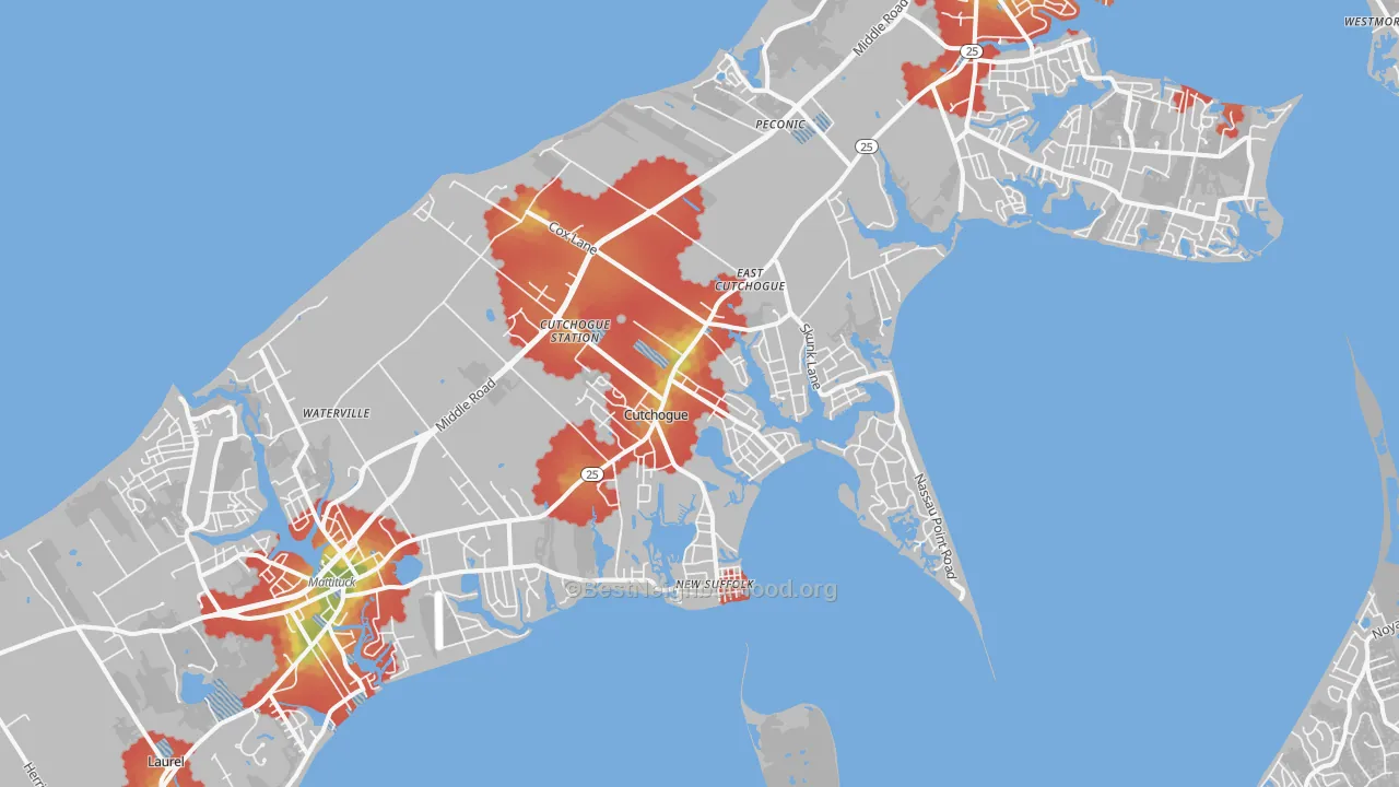 Walk Grade map of 11935, NY, walkable areas in green and car-dependent areas in red