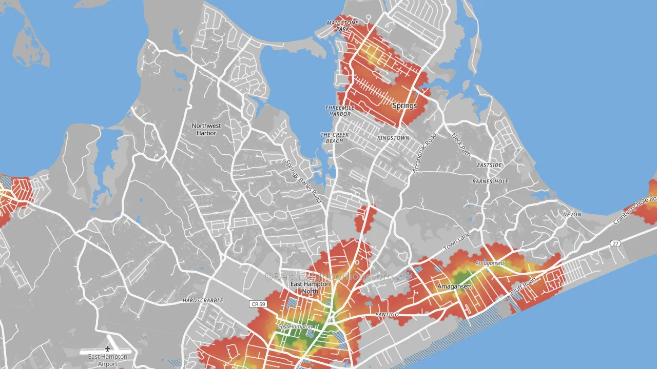Walk Grade map of 11937, NY, walkable areas in green and car-dependent areas in red