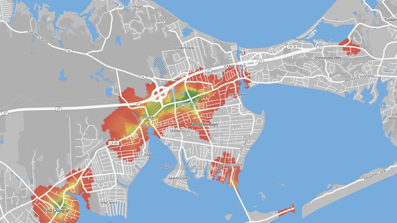 Walk Grade map of 11946, NY, walkable areas in green and car-dependent areas in red