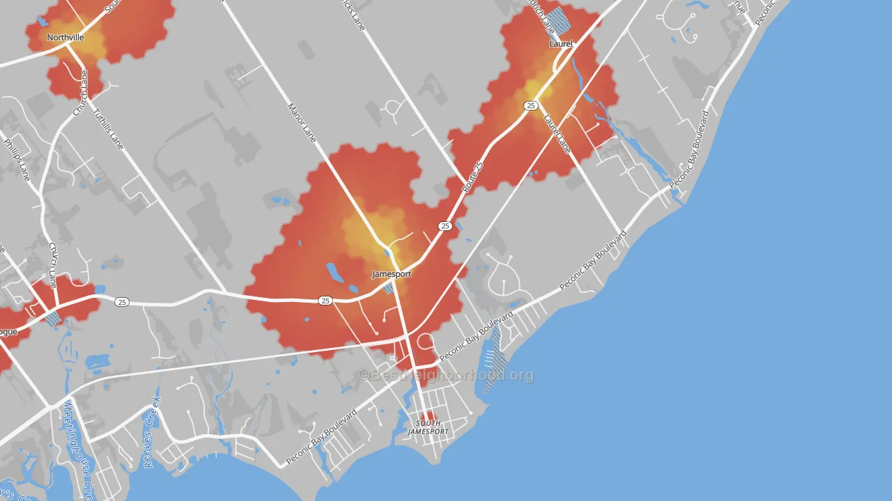 Walk Grade map of 11947, NY, walkable areas in green and car-dependent areas in red