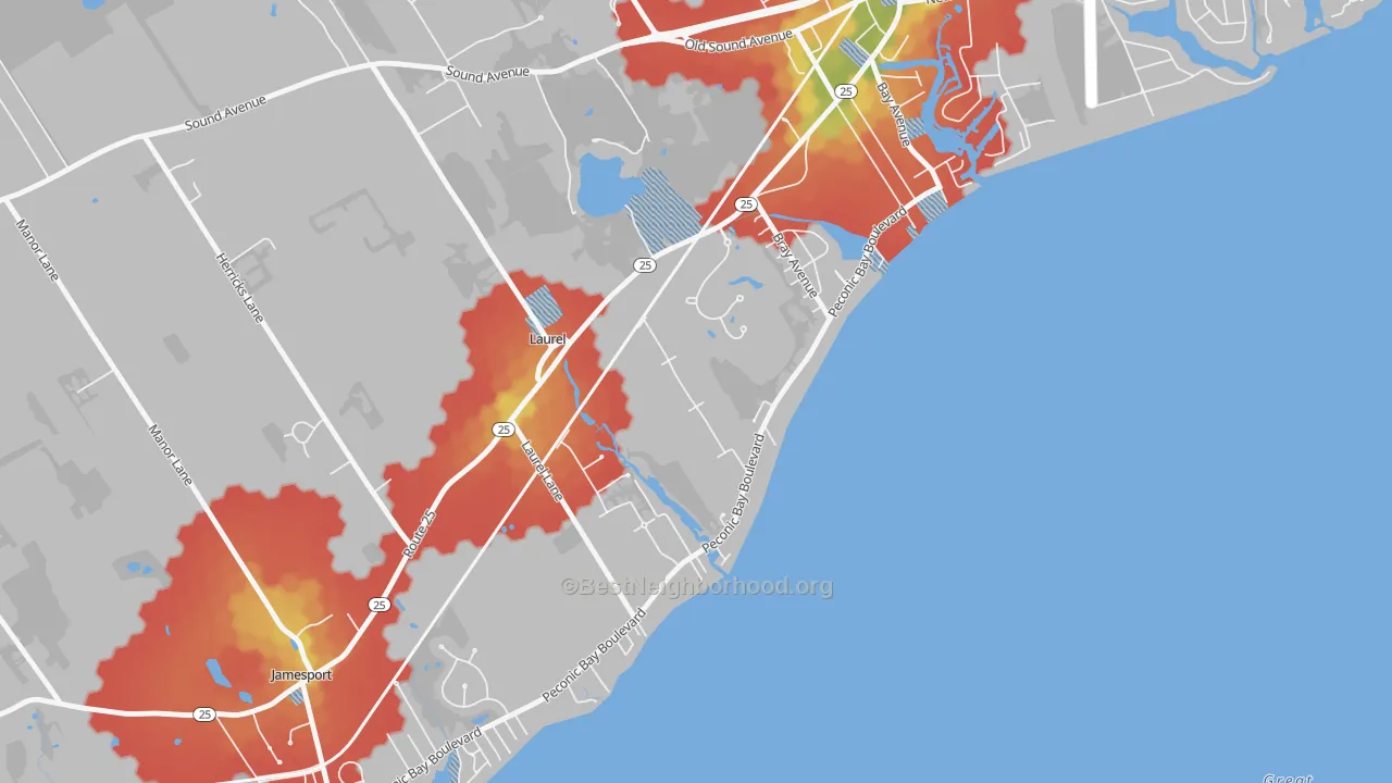 Walk Grade map of 11948, NY, walkable areas in green and car-dependent areas in red