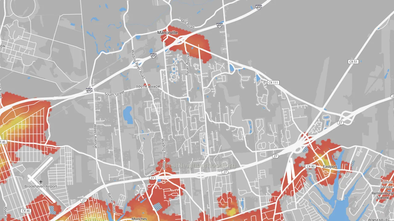 Walk Grade map of 11949, NY, walkable areas in green and car-dependent areas in red