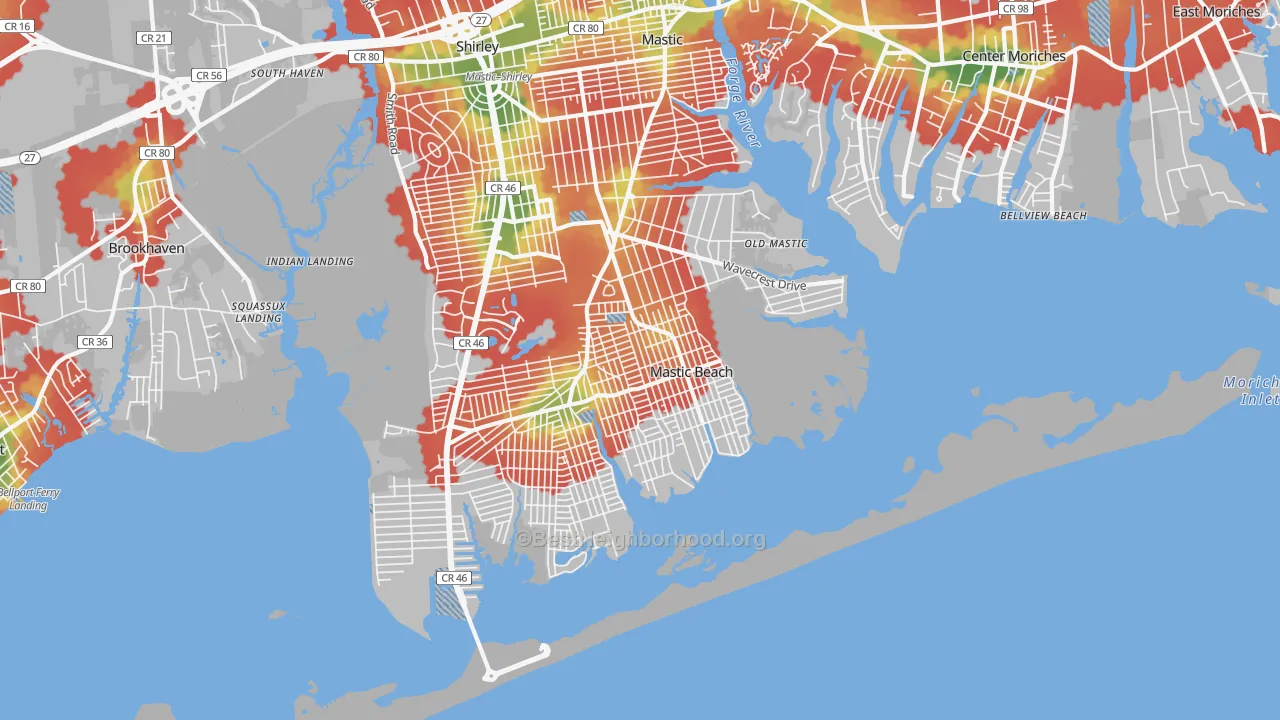 Walk Grade map of 11951, NY, walkable areas in green and car-dependent areas in red
