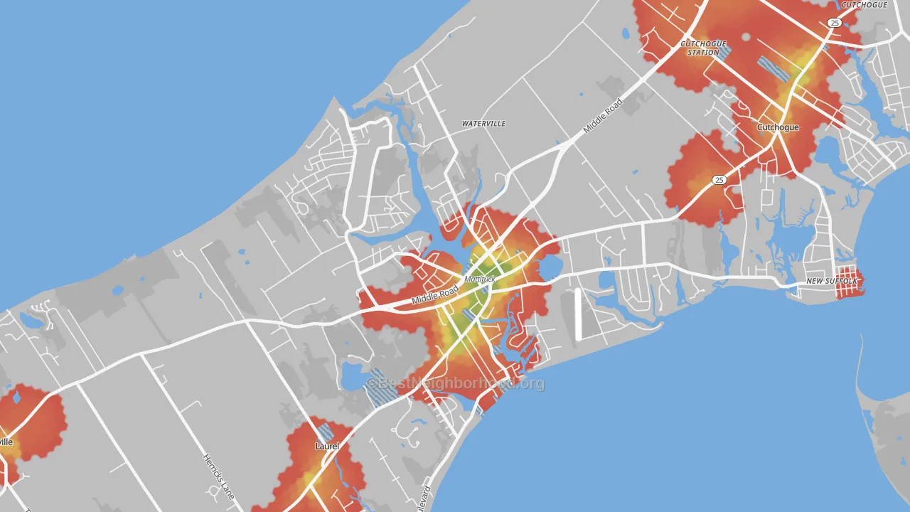 Walk Grade map of 11952, NY, walkable areas in green and car-dependent areas in red